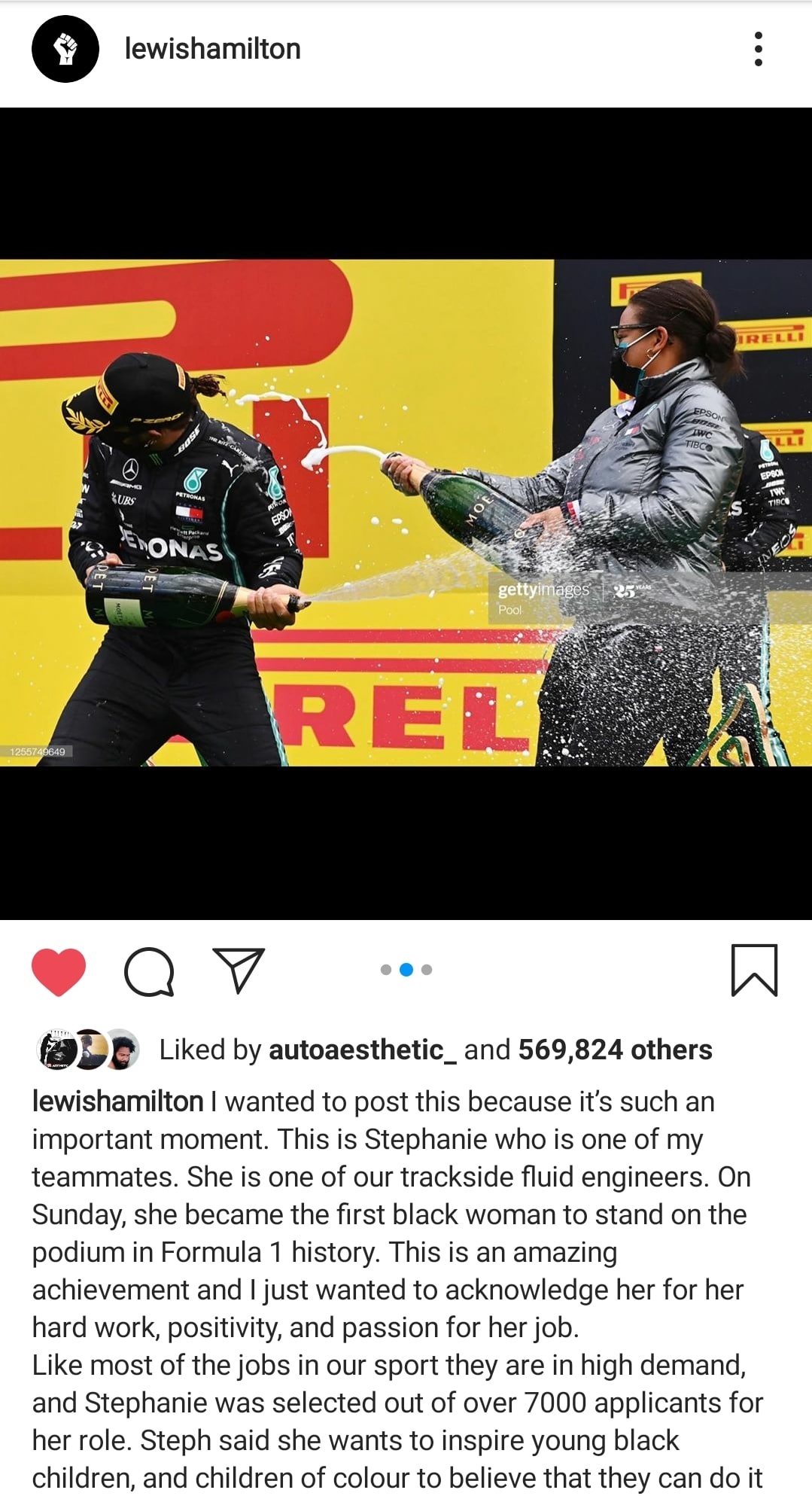 Tweets, Lewis, Mercedes, Hamilton, Fernando, GOAT Black Twitter Memes Tweets, Lewis, Mercedes, Hamilton, Fernando, GOAT text: lewishamilton ONAS Liked by autoaesthetic_ and 569,824 others lewishamilton I wanted to post this because it's such an important moment. This is Stephanie who is one of my teammates. She is one of our trackside fluid engineers. On Sunday, she became the first black woman to stand on the podium in Formula 1 history. This is an amazing achievement and I just wanted to acknowledge her for her hard work, positivity, and passion for her job. Like most of the jobs in our sport they are in high demand, and Stephanie was selected out of over 7000 applicants for her role. Steph said she wants to inspire young black children, and children of colour to believe that they can do it 
