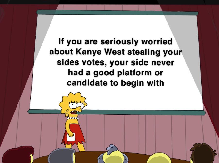 Political, Kanye, Biden, Trump, Bernie, President Political Memes Political, Kanye, Biden, Trump, Bernie, President text: If you are seriously worried about Kanye West stealing your sides votes, your side never had a good platform or candidate to begin with 