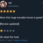 History Memes History, Troy, Trojan text: suki @desukidesu Wow this huge wooden horse is great! [Review updated] Ok what the fuck 21 • 17 Jul 20 • Twitter for iPhone  History, Troy, Trojan