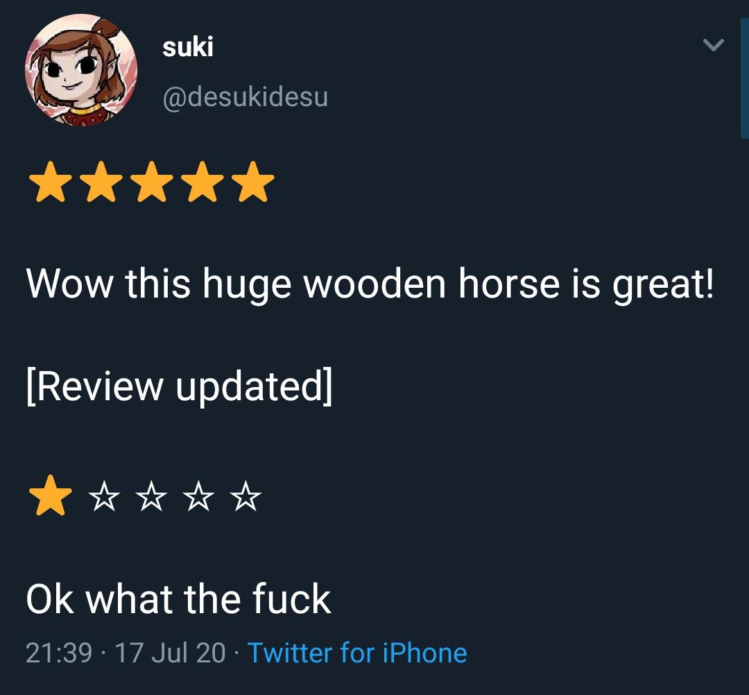 History, Troy, Trojan History Memes History, Troy, Trojan text: suki @desukidesu Wow this huge wooden horse is great! [Review updated] Ok what the fuck 21 • 17 Jul 20 • Twitter for iPhone 