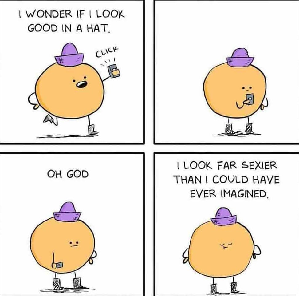 Wholesome memes,  Wholesome Memes Wholesome memes,  text: I WONDER IF I LOOK GOOD IN A HAT. I LOOK FAR SEXIER OH GOD THAN I COULD HAVE EVER IMAGINED. 
