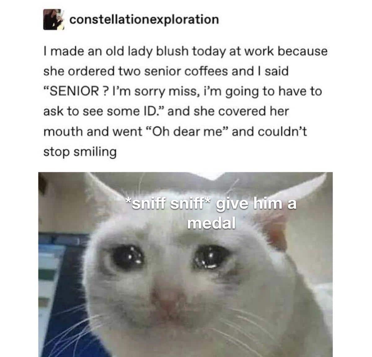 Wholesome memes, Wholesome Wholesome Memes Wholesome memes, Wholesome text: constellationexploration I made an old lady blush today at work because she ordered two senior coffees and I said 