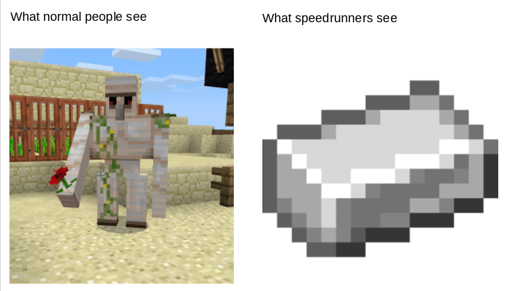 Minecraft,  minecraft memes Minecraft,  text: What normal people see What speedrunners see 