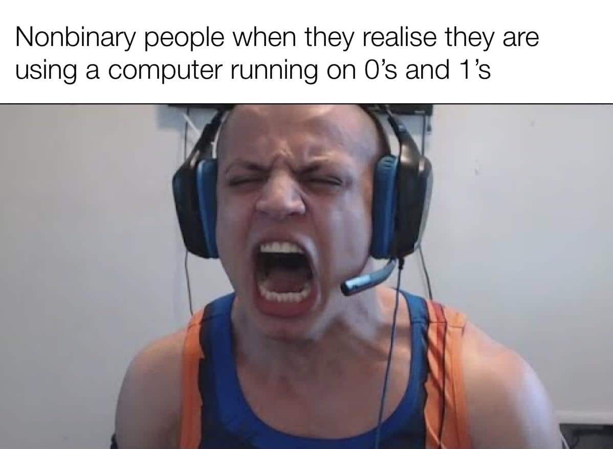 Dank, Tyler Dank Memes Dank, Tyler text: Nonbinary people when they realise they are using a computer running on o's and 1 's 