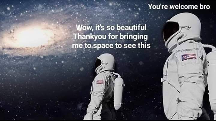 Wholesome memes, Really Wholesome Memes Wholesome memes, Really text: You're welcome bro Wow, it's so beautiful .Thänkyou for bringing .mé.tospace to see this r'wokentoemo• 