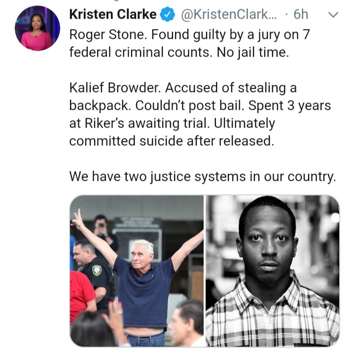 Tweets, Stone, American, Turner, Browder, Brock Turner Black Twitter Memes Tweets, Stone, American, Turner, Browder, Brock Turner text: @KristenClark... Kristen Clarke Roger Stone. Found guilty by a jury on 7 federal criminal counts. No jail time. Kalief Browder. Accused of stealing a backpack. Couldn't post bail. Spent 3 years at Riker's awaiting trial. Ultimately committed suicide after released. We have two justice systems in our country. 