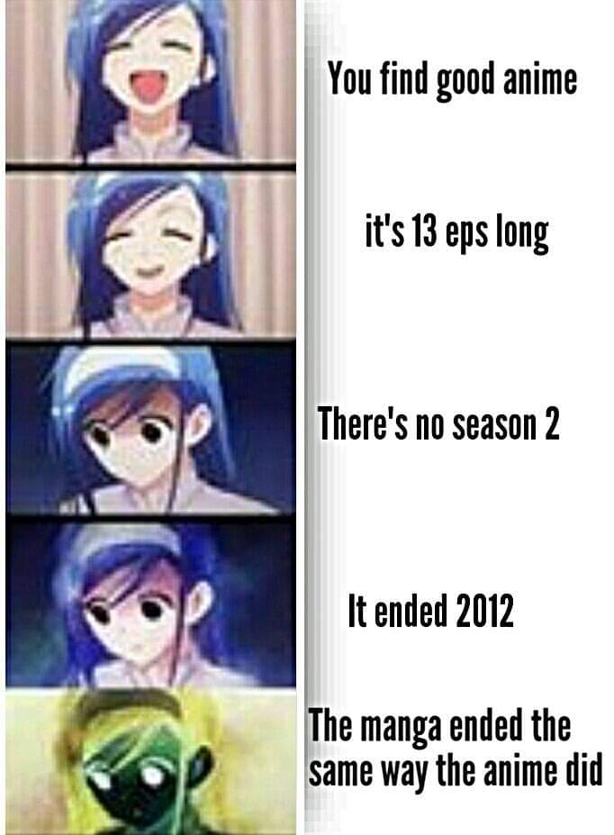 Anime, Hunter Anime Memes Anime, Hunter text: You find good anime it's 13 eps long There's no season 2 It ended 2012 he manga ended the same way the anime did 