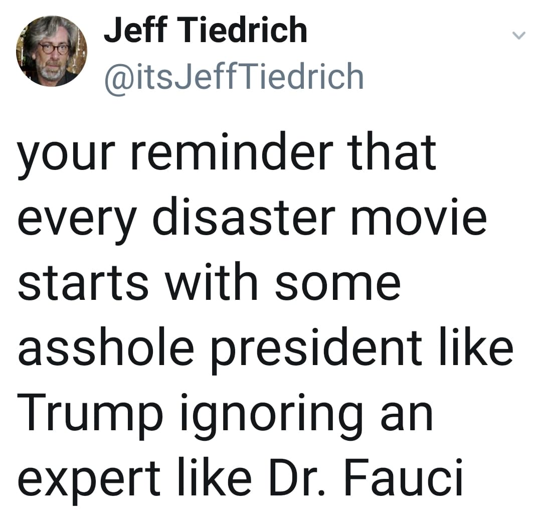 Political,  Political Memes Political,  text: Jeff Tiedrich @itsJeffTiedrich your reminder that every disaster movie starts with some asshole president like Trump ignoring an expert like Dr. Fauci 