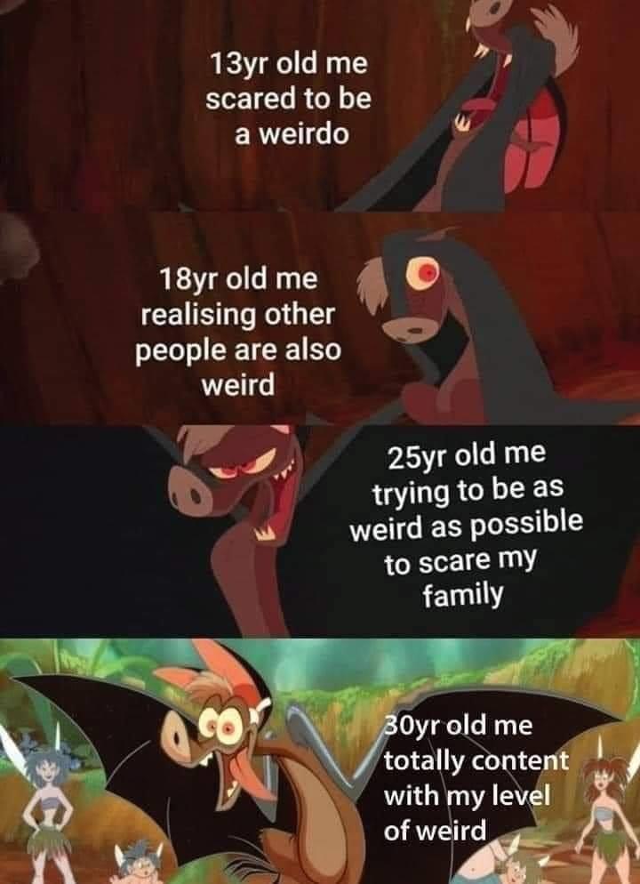 Wholesome memes, Avatar Wholesome Memes Wholesome memes, Avatar text: 13yr old me scared to be a weirdo 18yr old me realising other people are also weird 25yr old me trying to be as weird as possible to scare my family 
