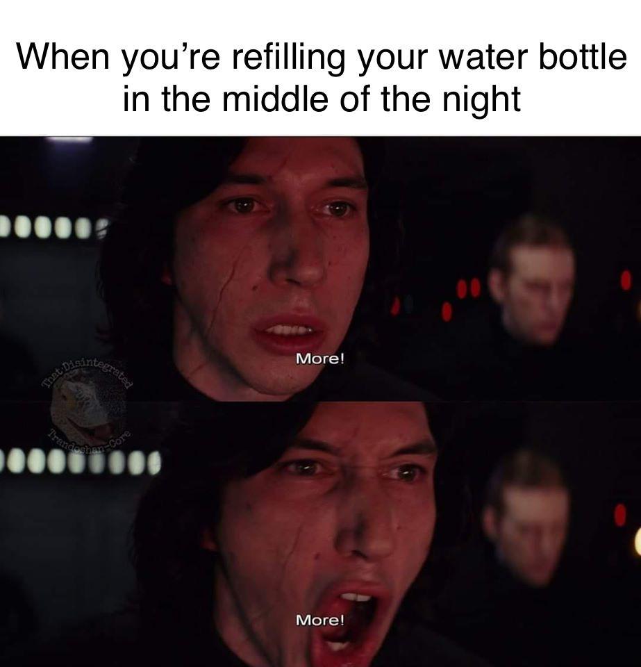 Water, Fridge Water Memes Water, Fridge text: When you're refilling your water bottle in the middle of the night More! More! 