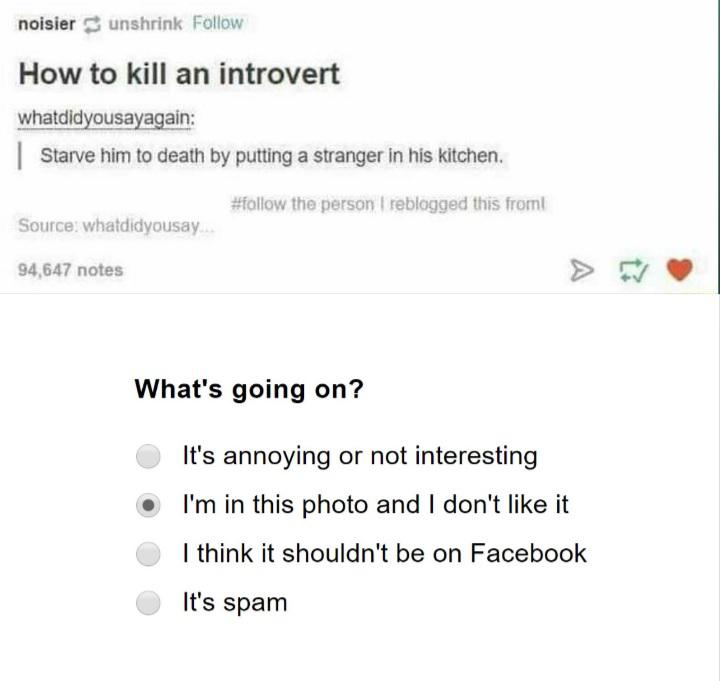 Dank, Thats other memes Dank, Thats text: noisier unshrink Follow How to kill an introvert whatdidyousayagain: I Starve him to death by putting a stranger in his kitchen. #follow the person I reblogged this from( Source: whatdldyousay 94.647 notes What's going on? C) O It's annoying or not interesting I'm in this photo and I don't like it I think it shouldn't be on Facebook It's spam 