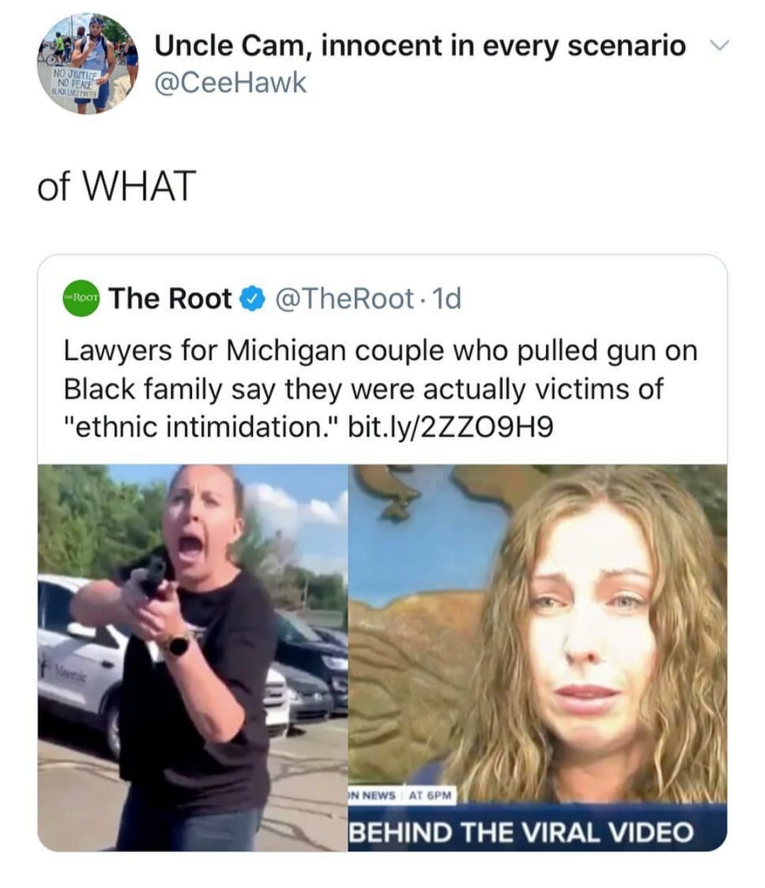 Tweets, No Black Twitter Memes Tweets, No text: Uncle Cam, innocent in every scenario @CeeHawk of WHAT e The Root e @TheRoot.Id Lawyers for Michigan couple who pulled gun on Black family say they were actually victims of 