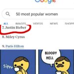other memes Dank, Paris Hilton, Justice Beaver text: Q 50 most popular women ALL IMAGFS 7. Justin Bieber 8. Miley Cyrus 9. Paris Hilton Sippp VIDFOS NEWS BLOODY HELL SHOPP 
