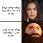 Dank Memes Dank, Hagrid, PS1, God, Visit, Snapchat text: Boys when they use the fi Iter Girls when they use the male filter  Dank, Hagrid, PS1, God, Visit, Snapchat