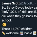 Political Memes Political, Devos, Trump, Americans, Betsy, GOP text: 17h James Scott @Jscott... So, Betsy Devos today said "only" .02% of kids are likely to die when they go back to school. That