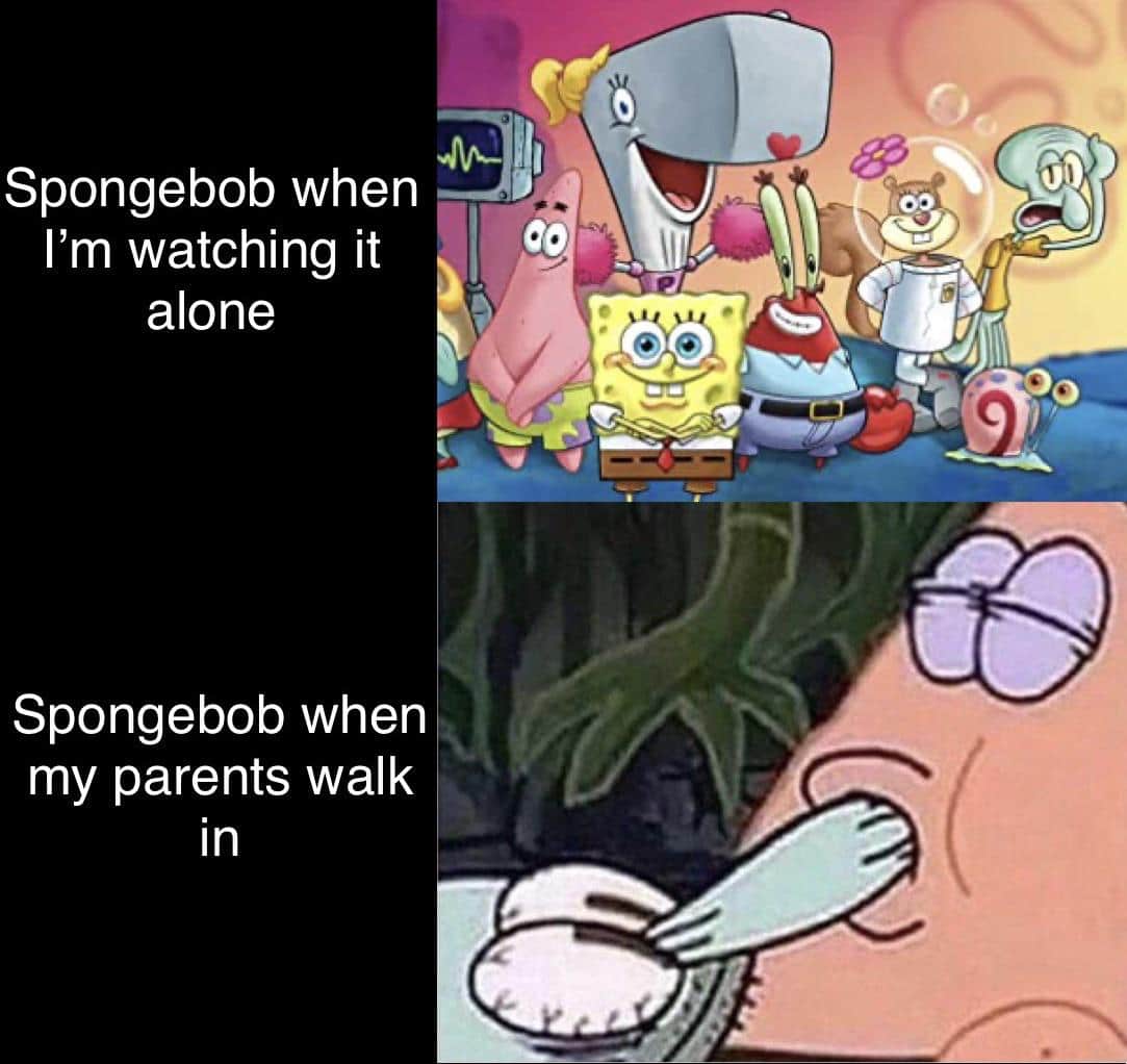 Spongebob, TV, Patrick Spongebob Memes Spongebob, TV, Patrick text: Spongebob when I'm watching it alone Spongebob when my parents walk in 