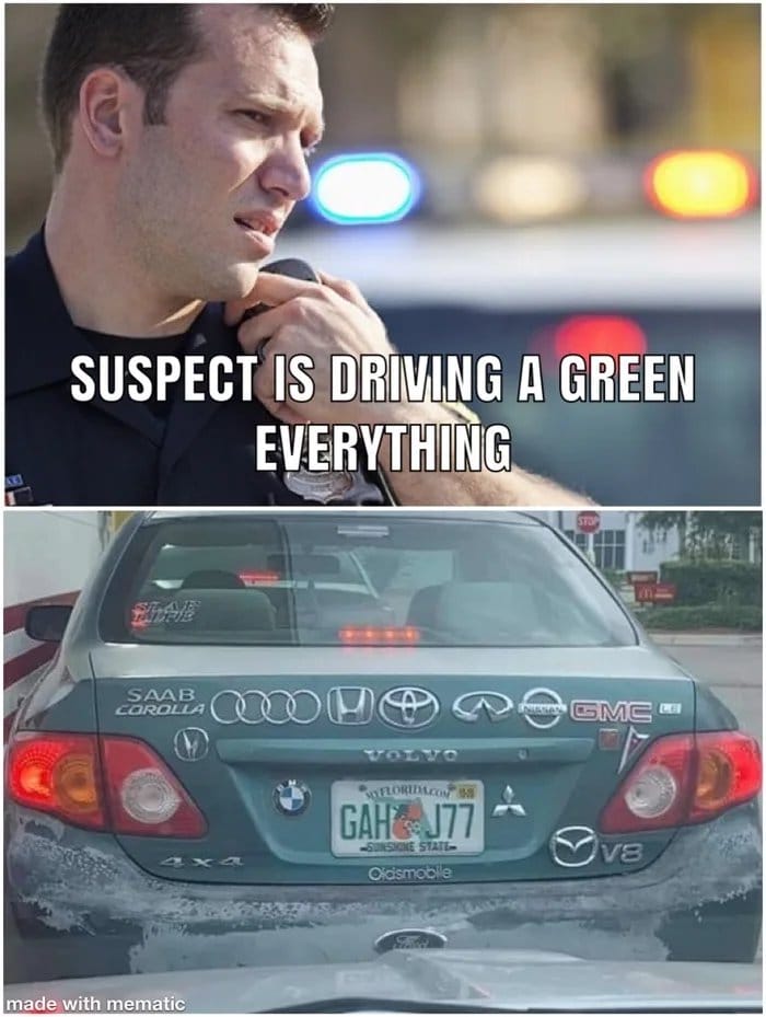 Funny, Florida, Acura, Toyota Corolla, Toyota, Corolla other memes Funny, Florida, Acura, Toyota Corolla, Toyota, Corolla text: SUSPECT IS DRIVING A GREEN EVERYimNG madewith mematic 