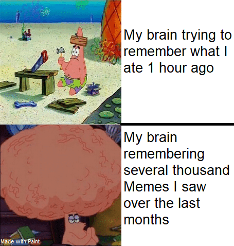 Spongebob,  Spongebob Memes Spongebob,  text: My brain trying to remember what I ate 1 hour ago My brain remembering several thousand Memes I saw over the last months 