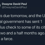 Black Twitter Memes Tweets, ERO, Republican, No text: Dwayne David Paul @DwayneDavidPaul Rent is due tomorrow, and the U.S. federal government has sent 1 stimulus check to some of its citizens over two and a half months ago. What a farce. 