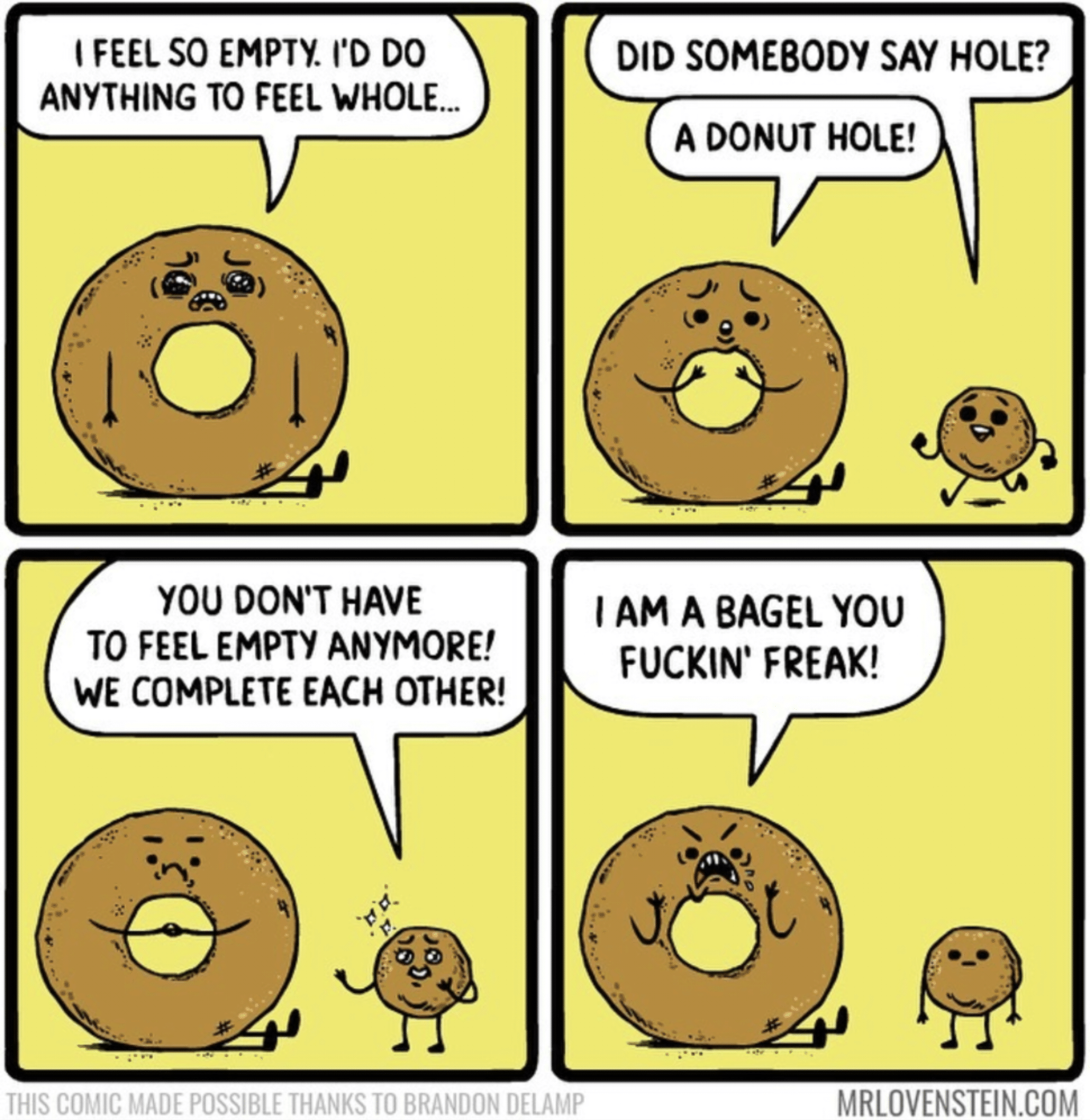 A hole,  Comics A hole,  text: I FEEL SO EMPTY I'D DO ANYTHING TO FEEL WHOLE.„ YOU DON'T HAVE TO FEEL EMPTY ANYMORE! WE COMPLETE EACH OTHER! THIS POSSIBLE THANKS TO BRANDON DID SOMEBODY SAY HOLE? A DONUT HOLE! I AM A BAGEL YOU FUCKlNt FREAK! MRLOVENSTEIN.COM 