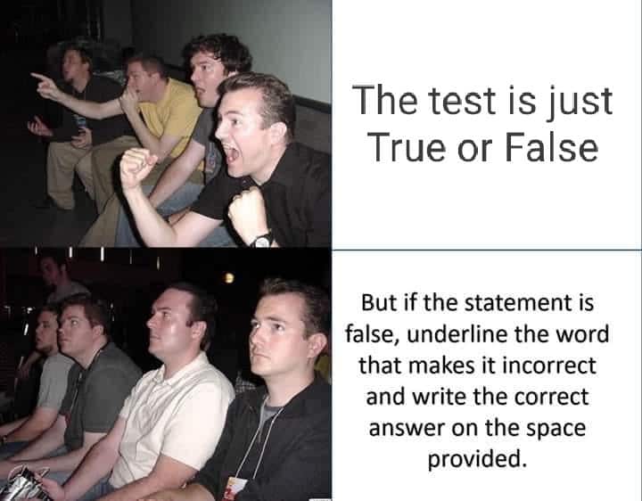 Funny, True, Statement, False, Spanish, French other memes Funny, True, Statement, False, Spanish, French text: The test is just True or False But if the statement is false, underline the word that makes it incorrect and write the correct answer on the space provided. 