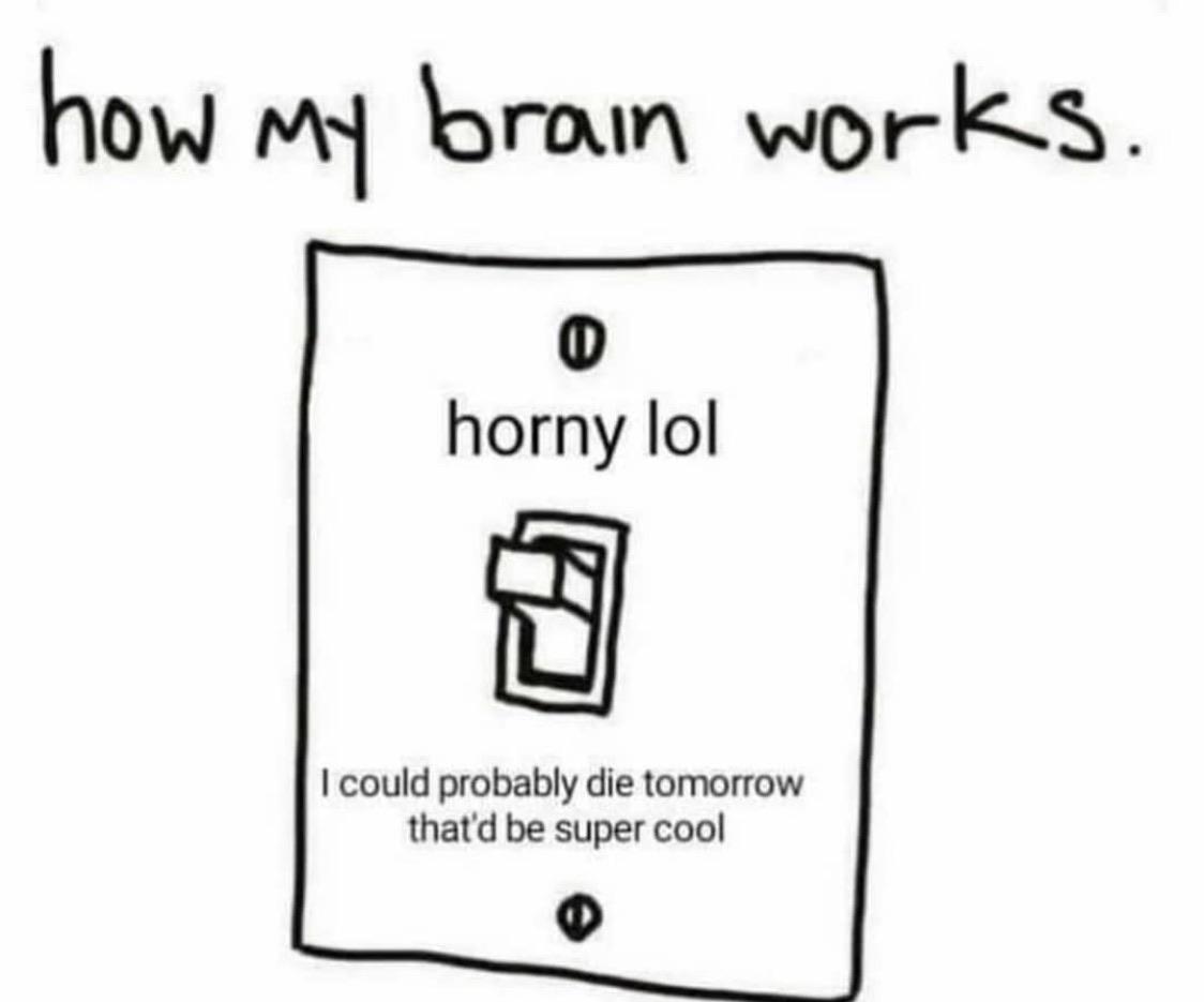 Depression,  depression memes Depression,  text: how wDrkS horny lol I could probably die tomorrow thatd be super cool 