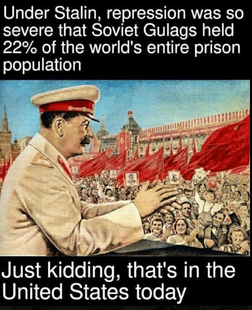 Political, Stalin, USSR, Gulags, Americans, United_States Political Memes Political, Stalin, USSR, Gulags, Americans, United_States text: Under Stalin, repression was so severe that Soviet Gulags held 22% of the world's entire prison population Just kidding, that's in the United States today 