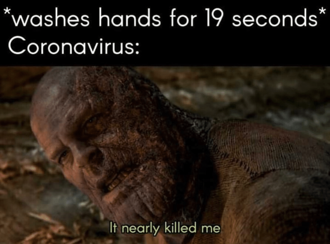 Thanos, Derrtol Avengers Memes Thanos, Derrtol text: washes hands for 19 seconds* Coronavirus: It nearly killed me 