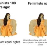 feminine memes Women, Stole text: Feminists 100 we want equal rights Feminists now: We want equal pay, safe work environments, and to protect the rights of POC and LGBTQ+ people  Women, Stole