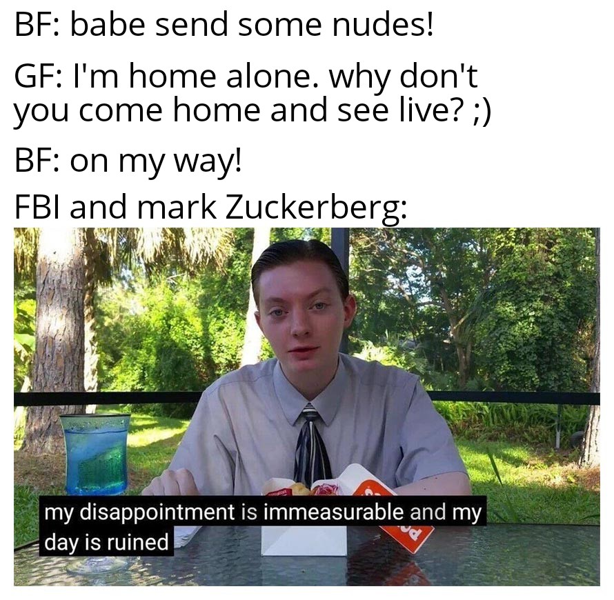 Funny, FBI, NSA, Mark Zuckerberg, Chinese, WhatsApp other memes Funny, FBI, NSA, Mark Zuckerberg, Chinese, WhatsApp text: BF: babe send some nudes! GF: I'm home alone. why don't you come home and see live? ;) BF: on my way! FBI and mark Zuckerberg: my disappointment is immeasurable and my day is ruined 