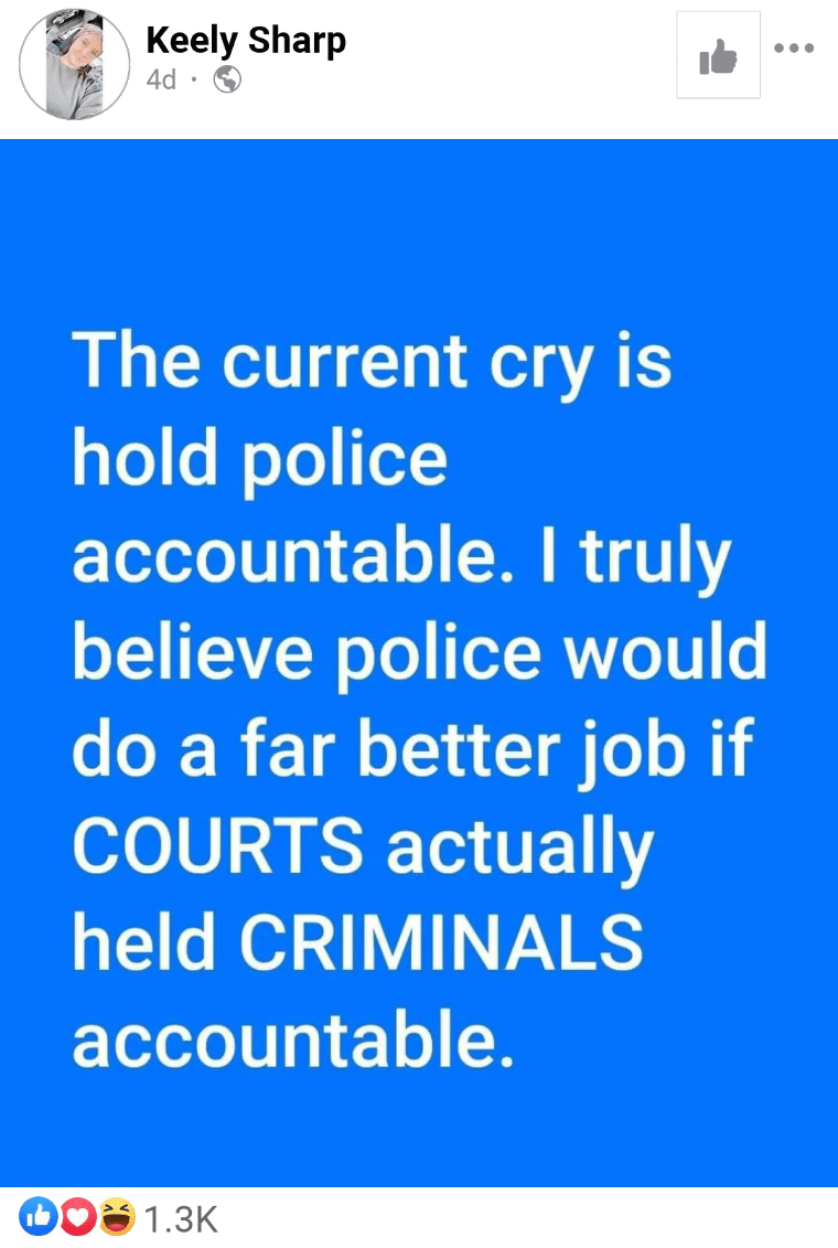 Political,  boomer memes Political,  text: Keely Sharp The current cry is hold police accountable. I truly believe police would do a far better job if COURTS actually held CRIMINALS accountable. 1.3K 
