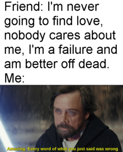 Wholesome Memes Wholesome memes,  text: Friend: I'm never going to find love, nobody cares about me, I'm a failure and am better off dead. zing. Every word of wh just said was wrong