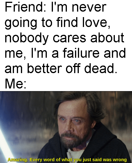 Wholesome memes,  Wholesome Memes Wholesome memes,  text: Friend: I'm never going to find love, nobody cares about me, I'm a failure and am better off dead. zing. Every word of wh just said was wrong 