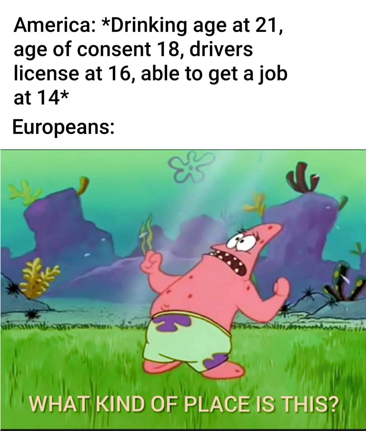 Funny, America, Germany, Europe, California, American other memes Funny, America, Germany, Europe, California, American text: America: *Drinking age at 21, age of consent 1 8, drivers license at 16, able to get a job at 14* Europeans: KIND OF PLACE IS THIS?J 