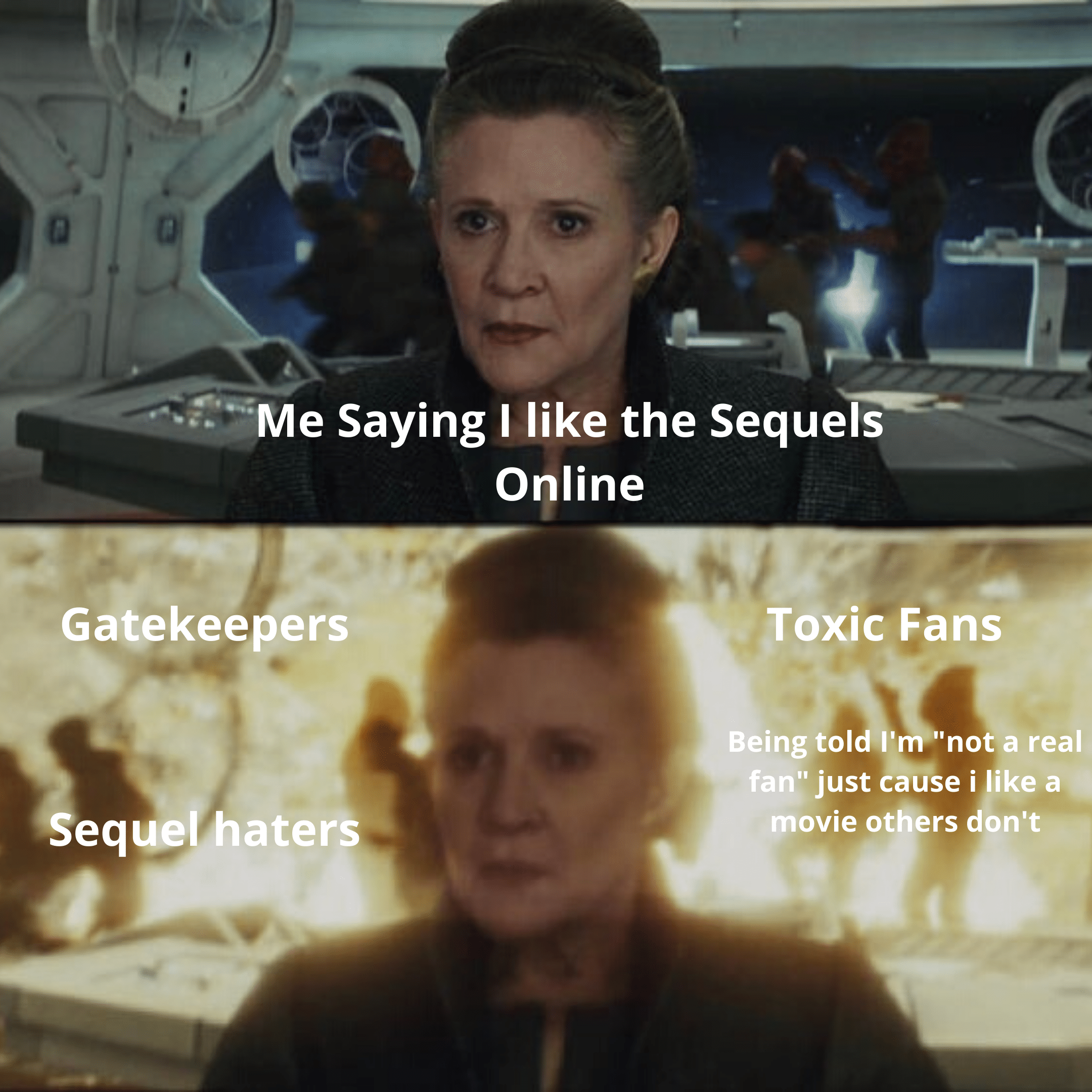 Sequel-memes, TLJ, Leia, Luke, TFA, TROS Star Wars Memes Sequel-memes, TLJ, Leia, Luke, TFA, TROS text: Me Saying I like the Sequels Gatekeepers Sequel-haters Online Toxic Fans Being told I'mi