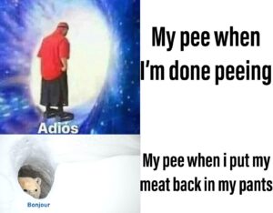 other memes Funny, Frustration text: My pee when I'm done peeing Adios My pee when i put my meat back in my pants Bonjour