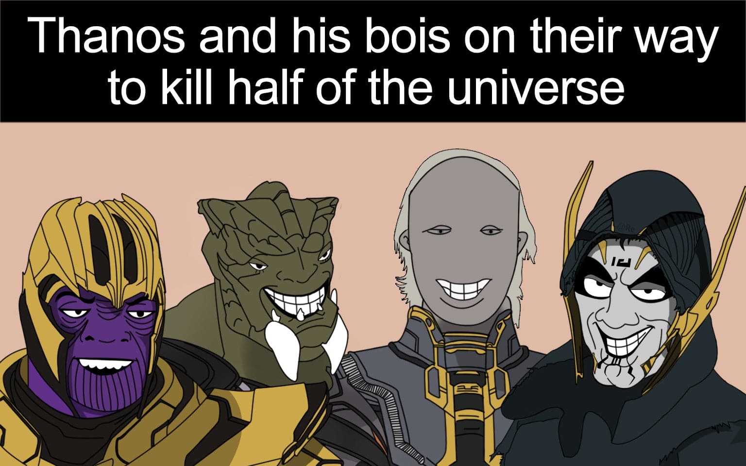 Thanos,  Avengers Memes Thanos,  text: Thanos and his bois on their way to kill half of the universe 