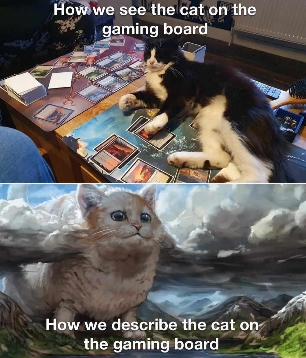 Funny, Magic, MTG, EDH, Oh-Lawd, PC other memes Funny, Magic, MTG, EDH, Oh-Lawd, PC text: o we see the cat on the gaming boar How we describe he cat ope the gaming board 