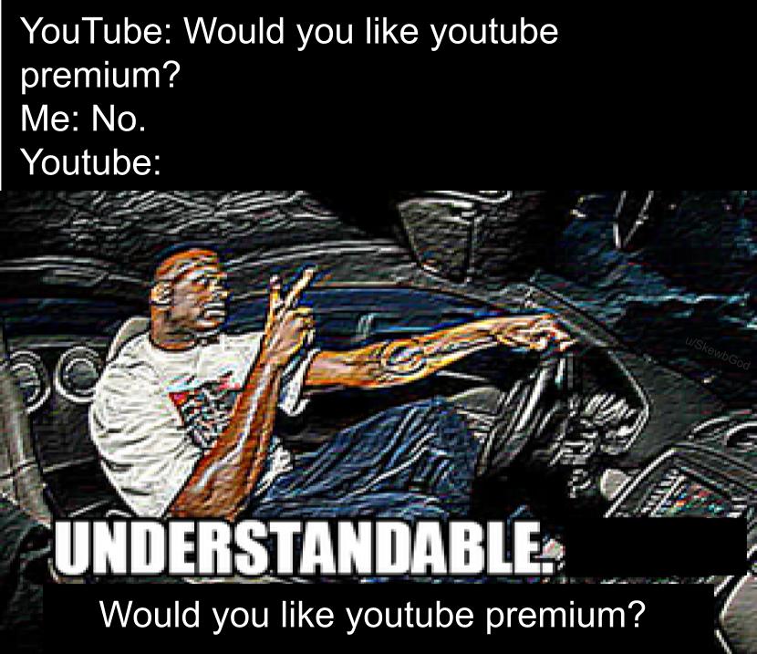 Funny, Spotify, Reddit, Understandable, Premium, No other memes Funny, Spotify, Reddit, Understandable, Premium, No text: YouTube: Would you like youtube premium? Me: No. Youtube: UNDERSTANDABLE Would you like youtube premium? 