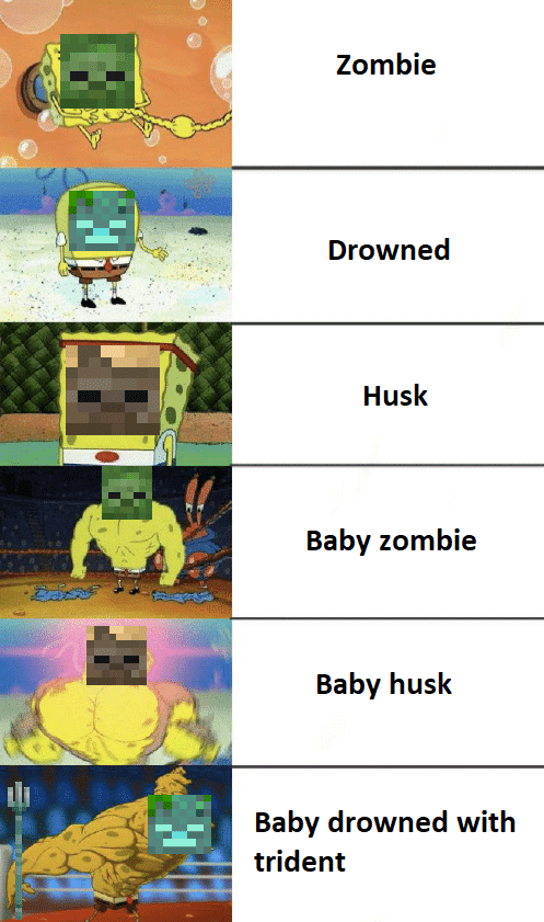 Minecraft, Minecraft, Dark minecraft memes Minecraft, Minecraft, Dark text: Zombie Drowned Husk Baby zombie Baby husk Baby drowned with trident 