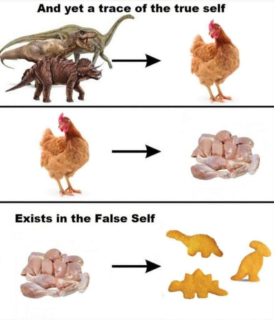 Funny, Dino, Avian, Source, Plastic, Oil other memes Funny, Dino, Avian, Source, Plastic, Oil text: And yet a trace of the true self Exists in the False Self 