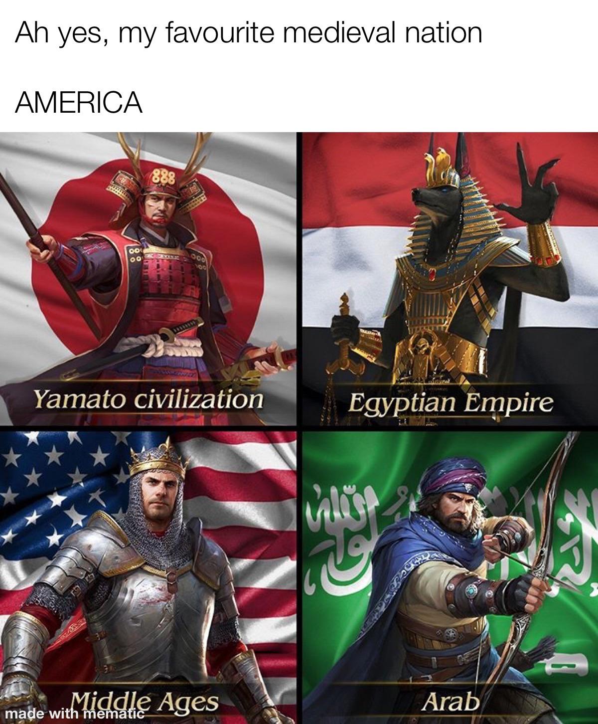 History, Egypt, Arab, Middle Ages, America, Egyptian History Memes History, Egypt, Arab, Middle Ages, America, Egyptian text: Ah yes, my favourite medieval nation AMERICA 00 Yamato civilization Egyptian Empire Arab 