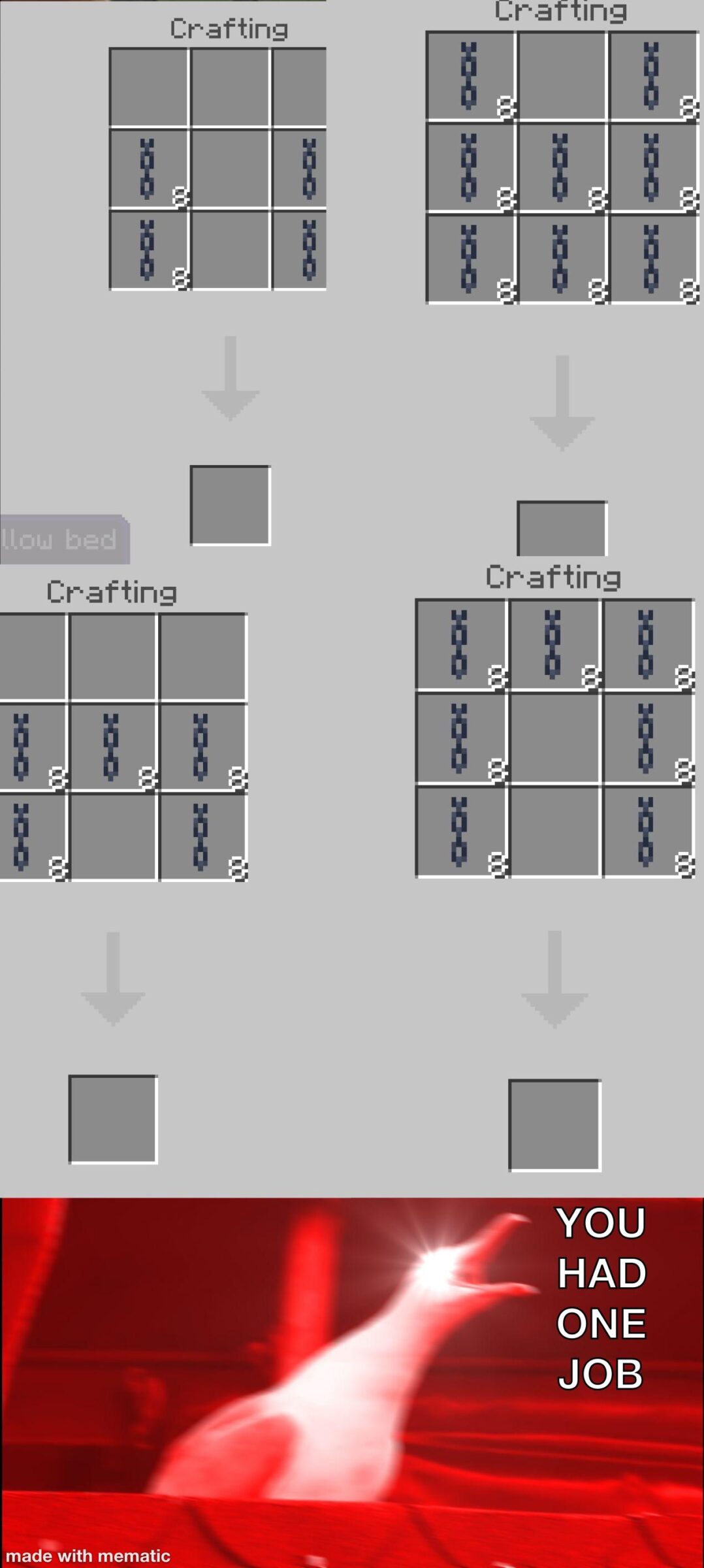 Minecraft, ONE JOB minecraft memes Minecraft, ONE JOB text: Crafting Crafting Crafting YOU HAD ONE JOB made with mematic 