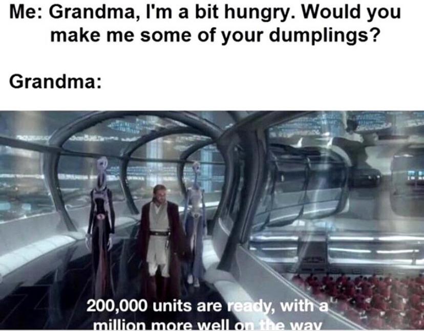 Wholesome memes, Grandma Wholesome Memes Wholesome memes, Grandma text: Me: Grandma, I'm a bit hungry. Would you make me some of your dumplings? Grandma: 200,000 units are , wit 