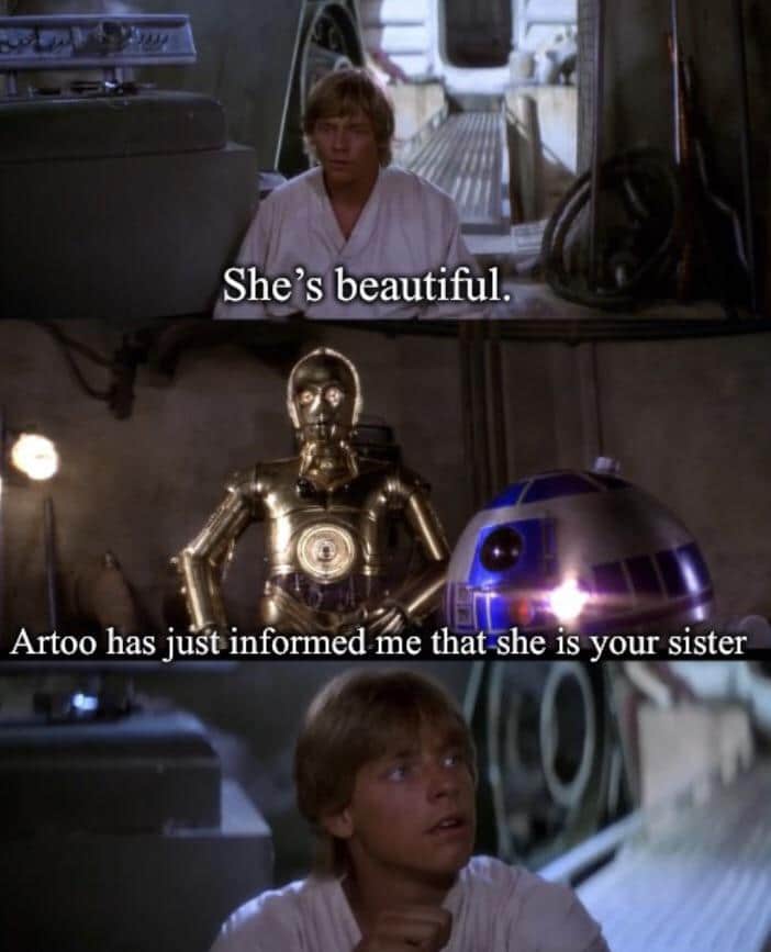 Ot-memes, Leia, ROTS, Luke Star Wars Memes Ot-memes, Leia, ROTS, Luke text: She's beautiful— Artoo has juStinformed me thatshe is your sister 