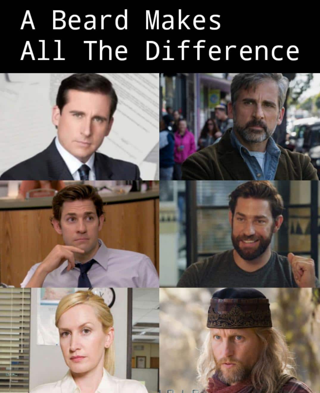 Funny, Angela, Joel, Br, Steve Carell, Carell other memes Funny, Angela, Joel, Br, Steve Carell, Carell text: A Beard Makes All The Difference 