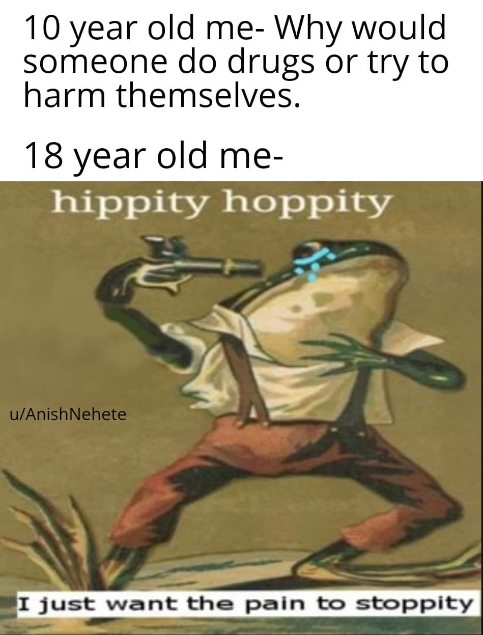 Dank,  Dank Memes Dank,  text: 10 year old me- Why would someone do drugs or try to harm themselves. 18 year old me- hippity hoppity u/AnishNehete il just want the pain to stoppity 