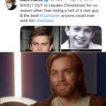 Wholesome Memes Black,  text: e @Ham... • Apr 19, 2017 v Mark Hamill SHOUT OUT to Hayden Christensen for no reason other than being a hell of a nice guy & the best #DadVader anyone could ever wish for! #NoSand nvisible I åppijyessa]  Black, 
