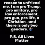 boomer memes Political, Forward text: If you need a reason to unfriend me, I am pro Trump, pro military, pro law enforcement, pro gun, pro life, a Christian , and there is only two genders. P.S. All Lives Matter  Political, Forward