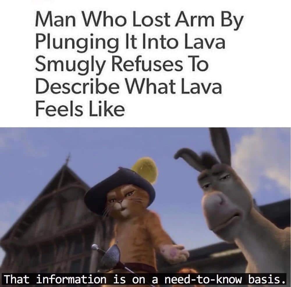 Funny, Really, Minecraft, Anakin other memes Funny, Really, Minecraft, Anakin text: Man Who Lost Arm By Plunging It Into Lava Smugly Refuses To Describe What Lava Feels Like That information is on a need-to-know basis/ 